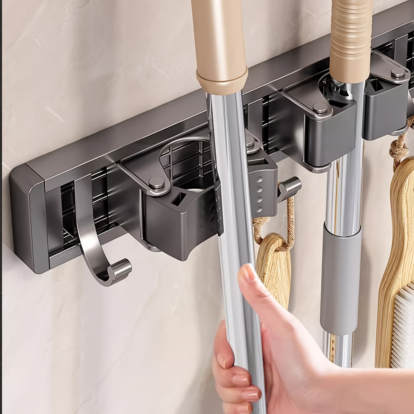 1pc Bathroom Storage Rack Metal Mop & Broom Holder with Adjustable Hooks, Wall-Mounted Storage Organizer for Home, Kitchen, Garden, Laundry, Garage - Lacquered Finish, Space-Saving Shelf for Mops, Brooms, Tools, Shelves