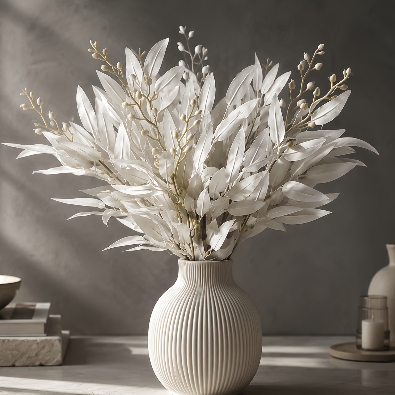 TEMU 9pcs Set Of Realistic And Minimalist Artificial Snow Willow Leaves, 17 Inches Tall, Perfect For Home Decor, Ideal For Vase Filler, Easy To Clean