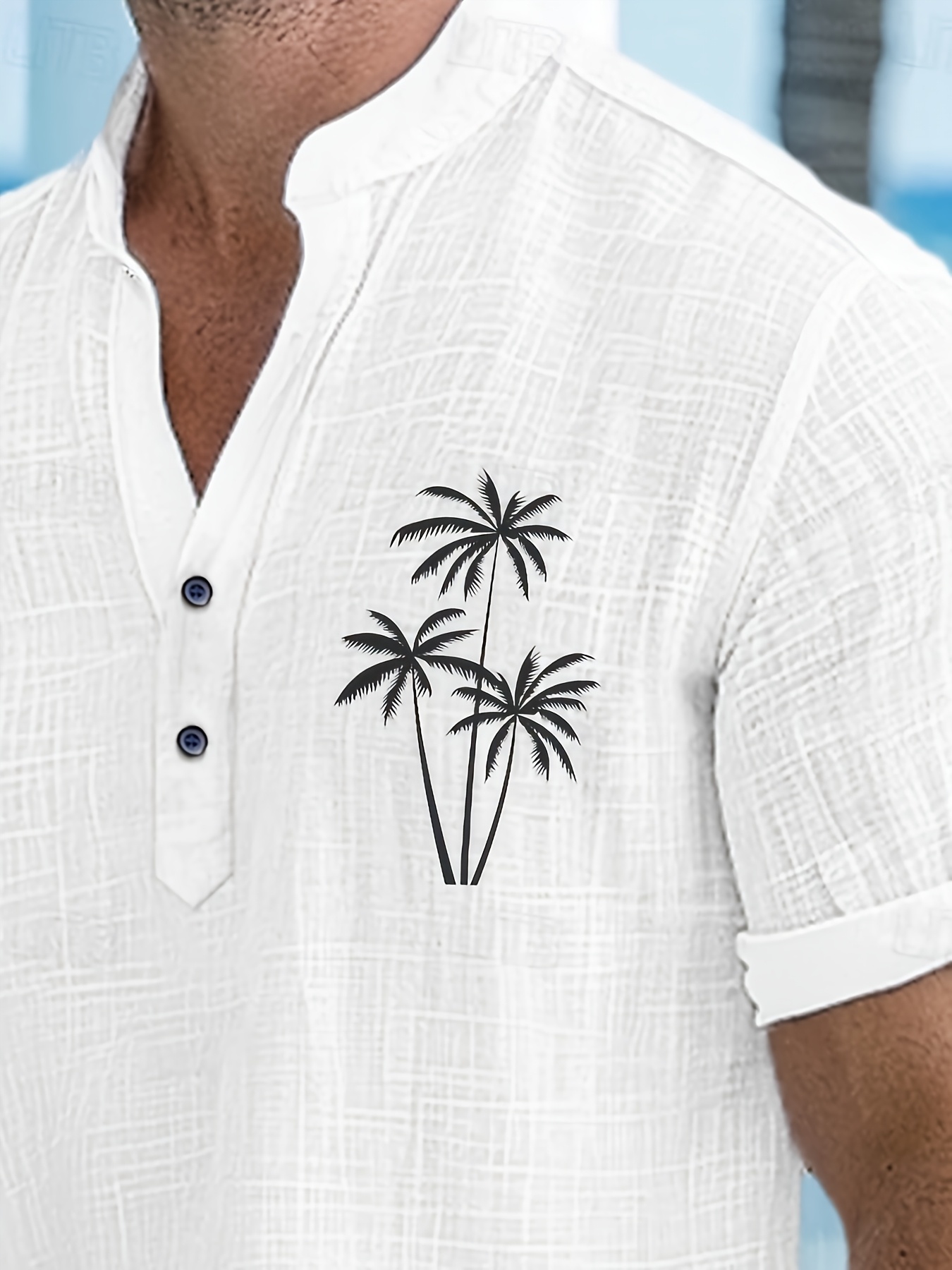camisa casual com estampa de   tropical para homem -     e decote em v  , com   de botões, leve e confortável para o verão   e atividades ao ar livre, como caminhadas e viagens, roupa de caminhada, tecido não elástico detalhes 2