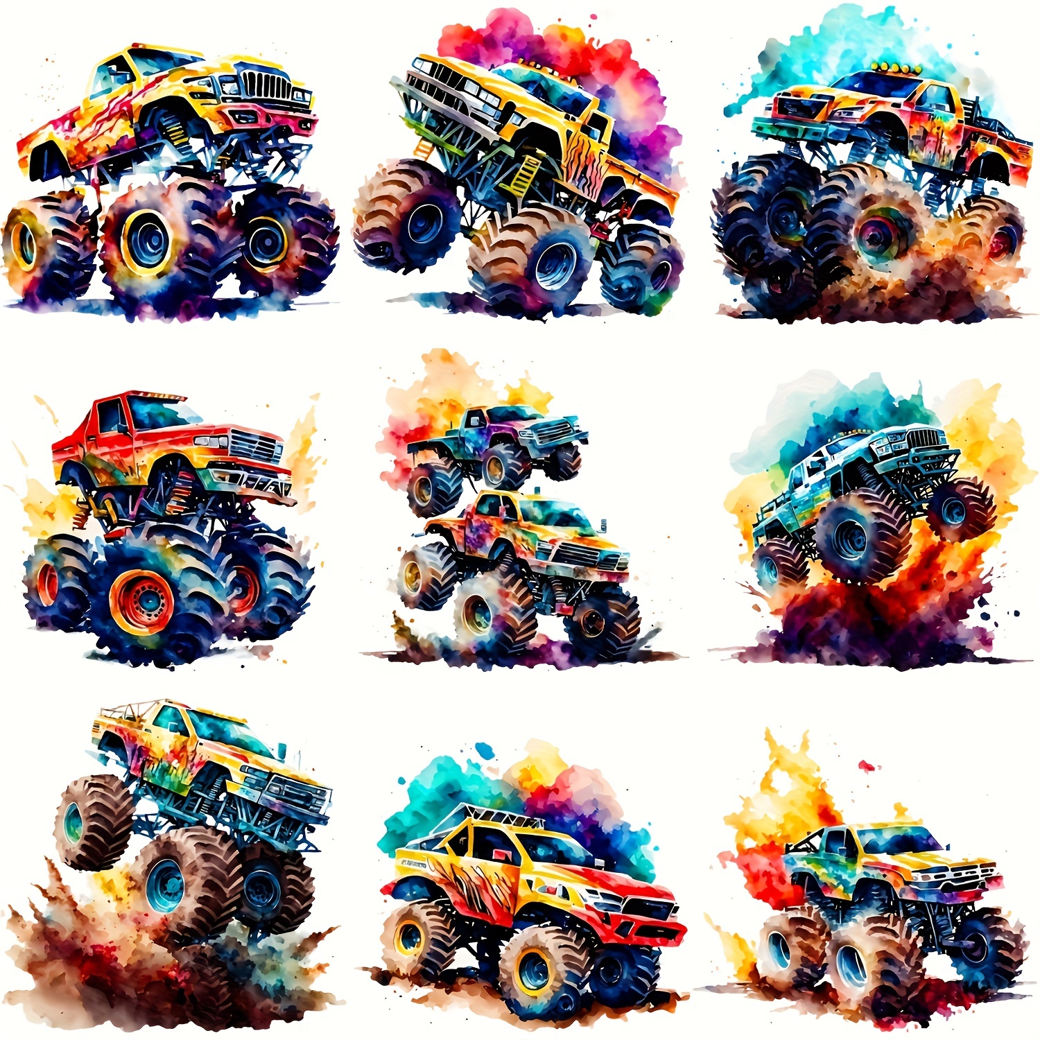 TEMU 9pcs/set Pocket Size Watercolor Monster Truck Theme Diy Hot Selling Heat Transfer Suitable For Clothing T- Backpack Jeans Hat Pillow Pressing