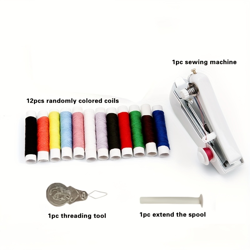 1 set of 15pcs portable handheld mini sewing machine manual small sewing tool   12 color thread spools 1pc threading tool 1pc spool extension rod for   dorm business trips outdoor emergency clothing repair no power details 3