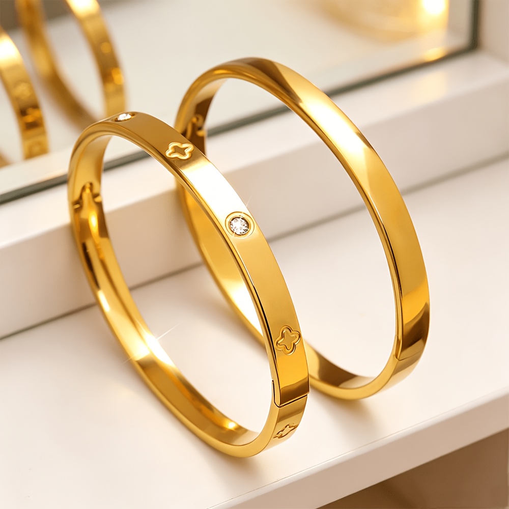 TEMU 2pcs Set 18k Gold-plated Bangle Bracelet For Women, Stackable Stainless Steel Bangles With Synthetic And Clover, Fade-resistant And Waterproof