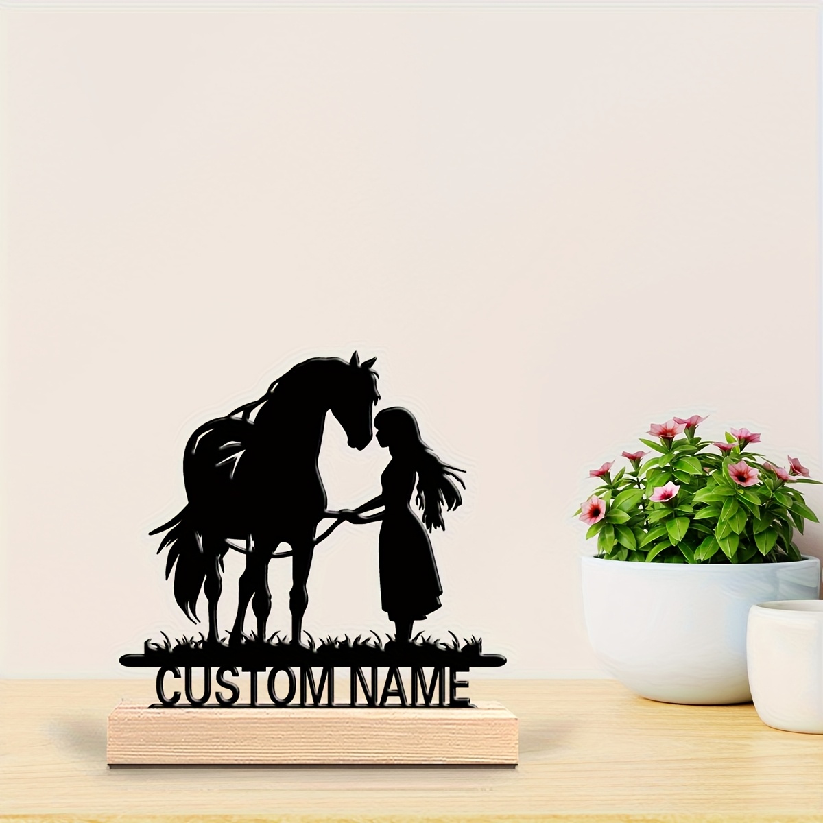 TEMU 1pc Equestrian Girl & Horse Metal Figurine - Personalized Name/ Horse Name On , Iron Tabletop Statue With Wood-like Base, Equestrian Gift For,