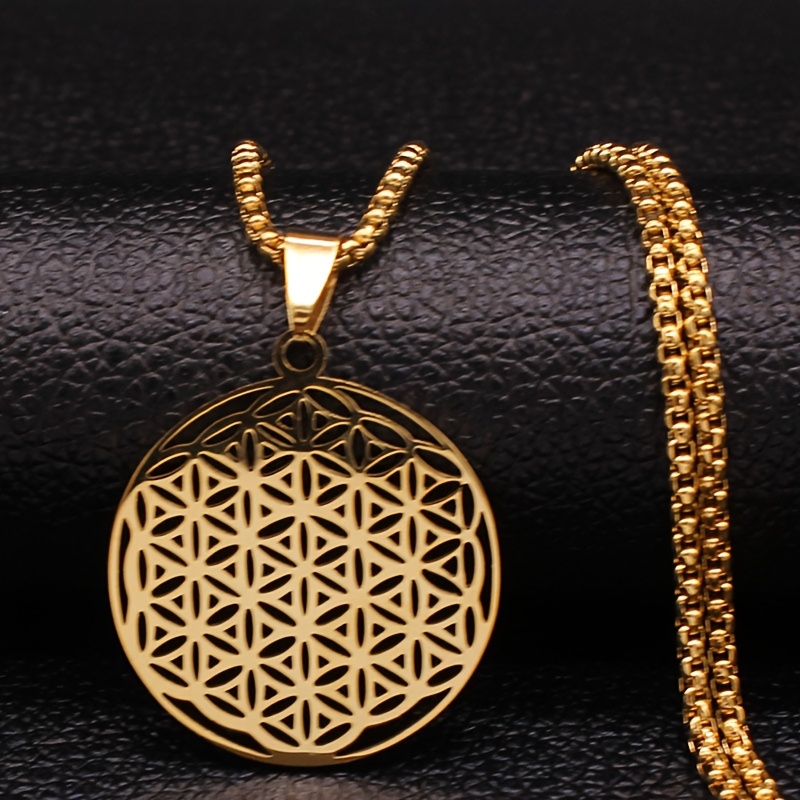 Image of Flower Of Life Stainless Steel Long Necklace For Women Men Golden Color Mandala Necklaces Jewelry