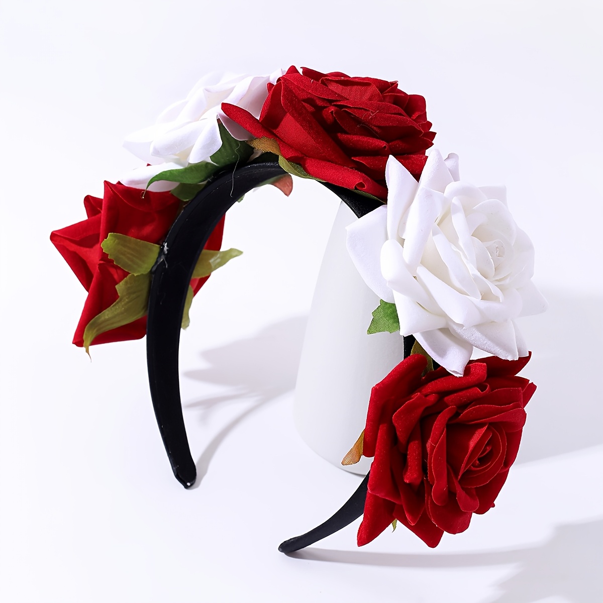 TEMU 1pc Romantic Red Rose Flower Headband For Women - Elegant Floral Hair Accessory With Black Plastic Band, Special Occasions, Floral Headband | Accessory | Petal Texture, Flower Hair Accessories