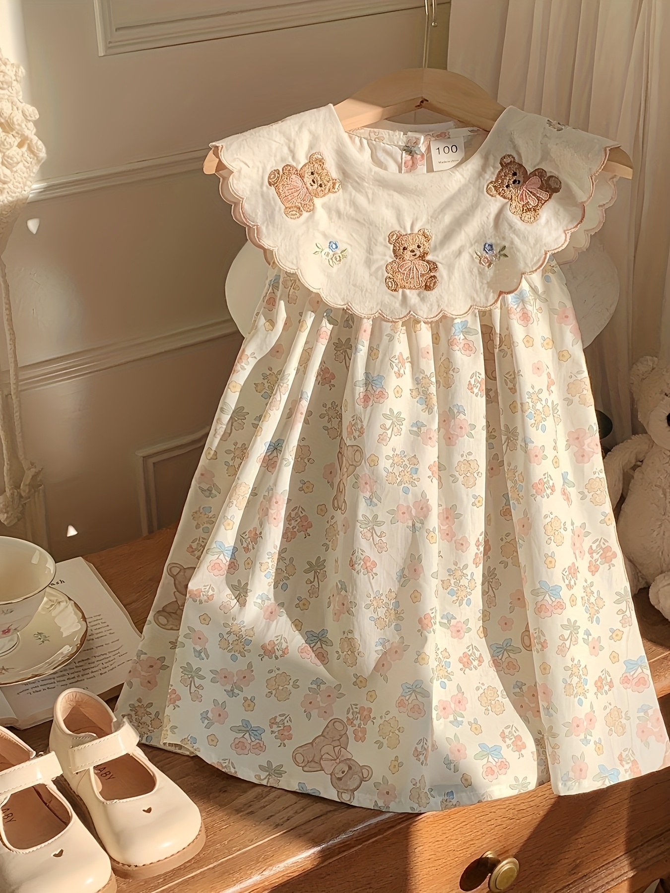 korean style floral collar bear embroidery girls dress 2025 - Temu Bahrain