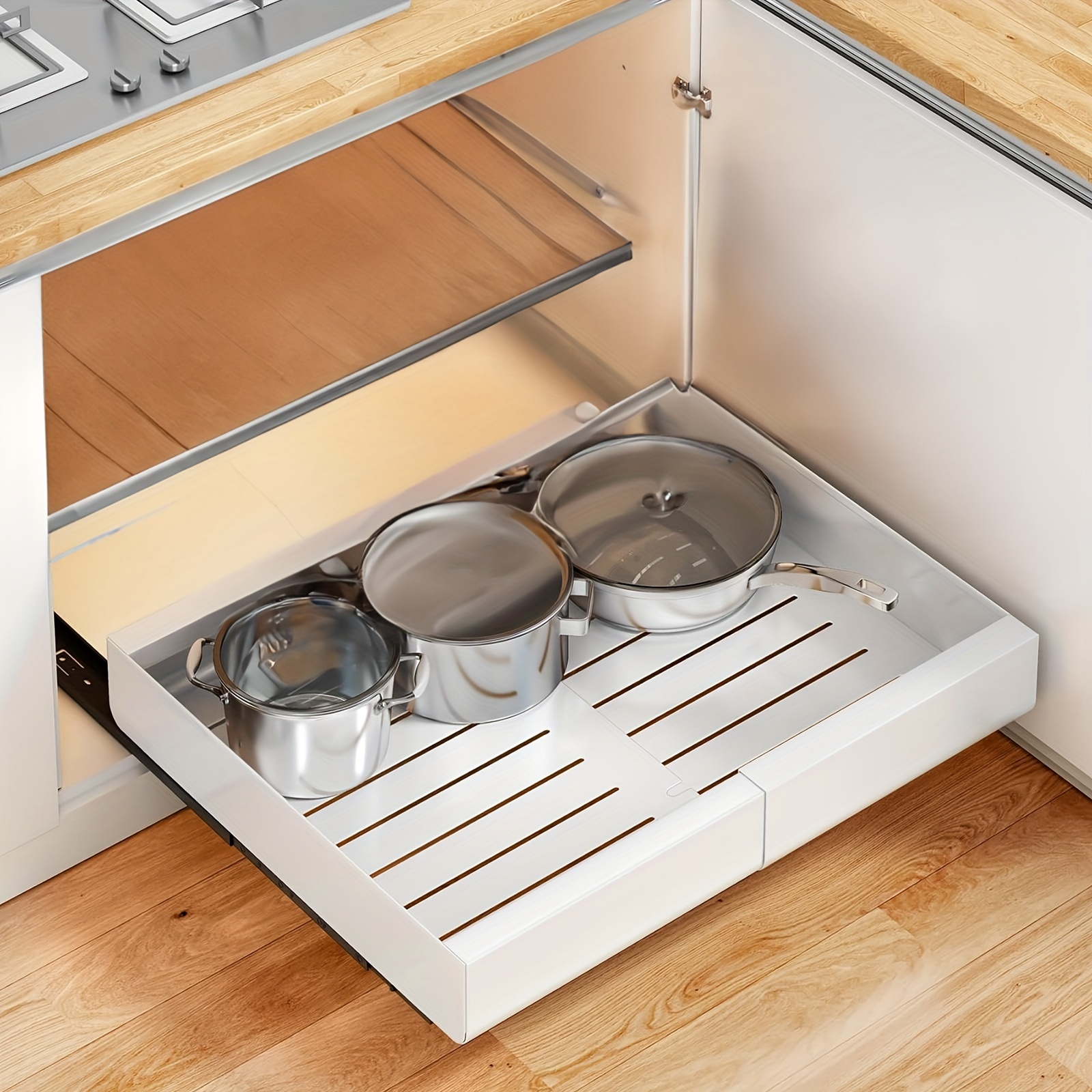 

1 Set Pull-out Cabinet Organizer With Adhesive - For Kitchen, Pantry, Bathroom Storage, Pots, Pans, Small Kitchen Appliances, Cleaning Products, , 16.9*11.8 &16.9*19.7 In