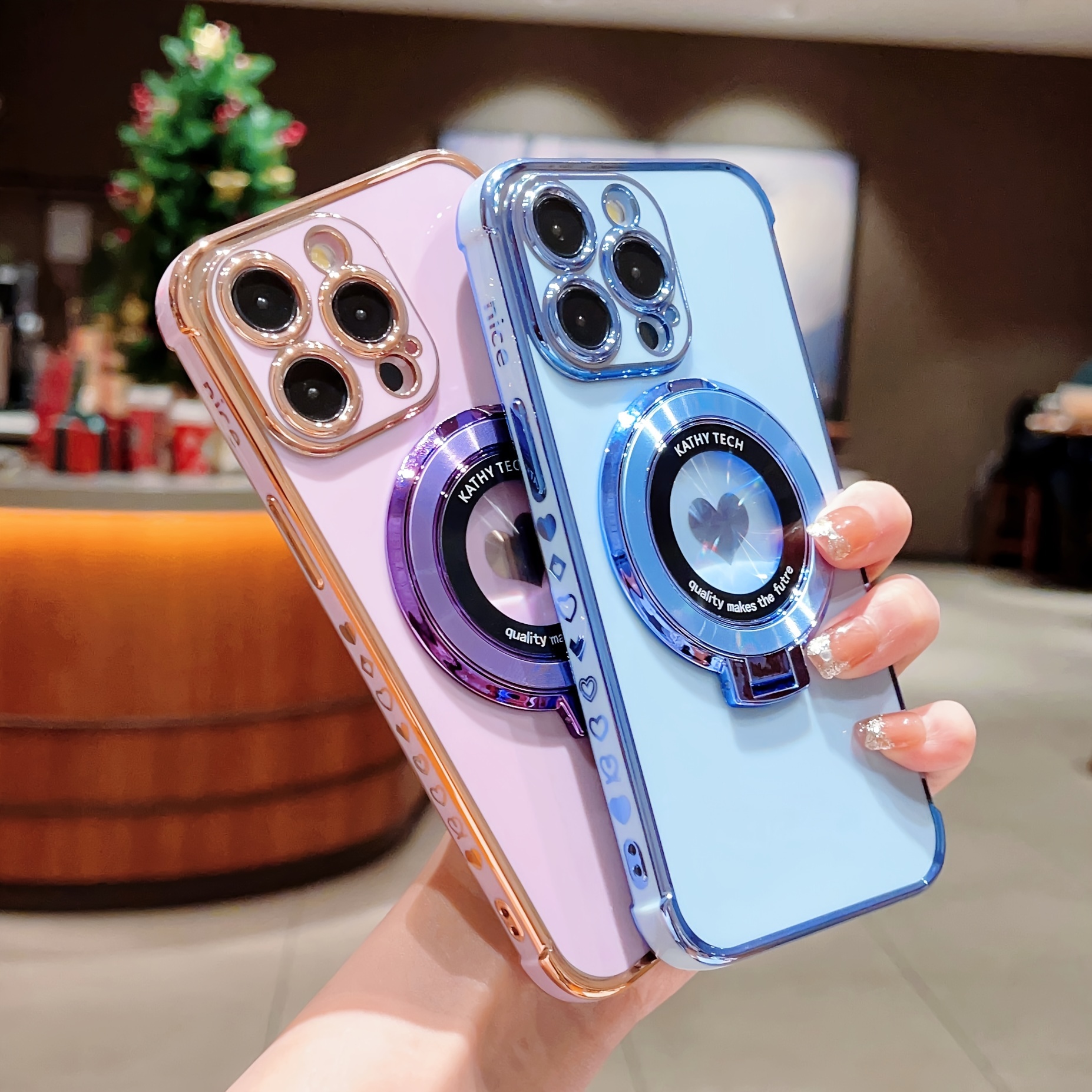 

Electroplated Love Heart Magnetic Suction Bracket For 15 Pro Max Mobile Phone Case Iphone14 New 13 Rhinestones 11 Transparent 12 4 Corners Protective Case