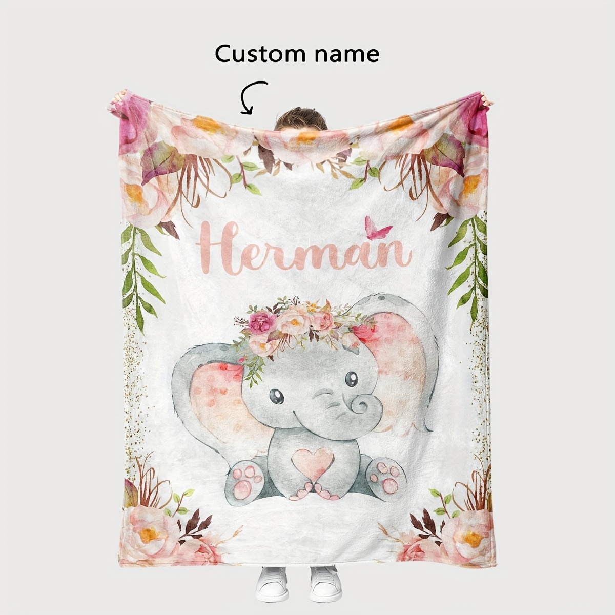 

1pc Digital Print Name Custom Blanket Contemporary Cute Elephant Print Flannel Throw Blanket - All Season Versatile, Easy To Care, Comfortable For Sofa, Bed, Travel