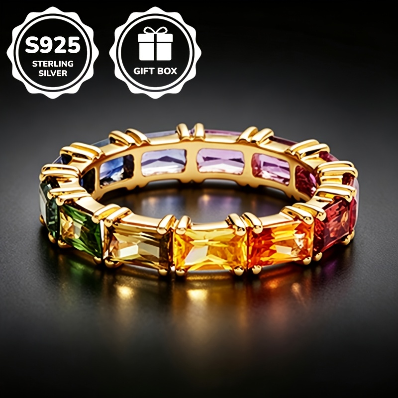 Image of 1pc S925 925 Silvery Plated Fashionable Rainbow Synthetic Cubic Zirconiaia Ring, Unisex, High-quality Jewelry, Sizes 6, Suitable For Daily Casual Wear And Banquet Parties