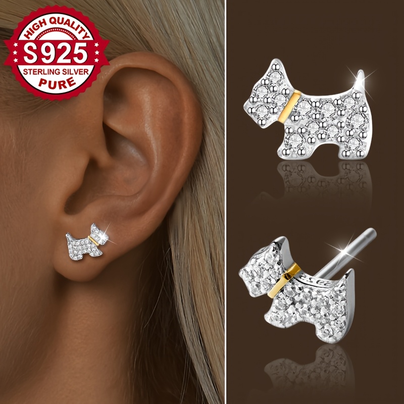 Image of A Pair Of Exquisite Puppy Synthetic Zirconia Earrings Made Of S925 Silver, Cute Small Earrings, Suitable For Women' Wear, Suitable For Parties And Gatherings, Casual And , Hypoallergenic