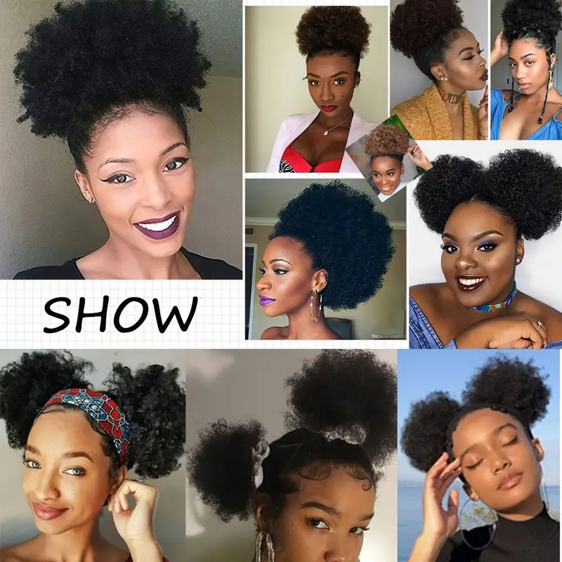 100 human hair afro hair extensions ponytail hairpieces drawstring hairpieces short curly afro hairpieces 10 inch large net details 2