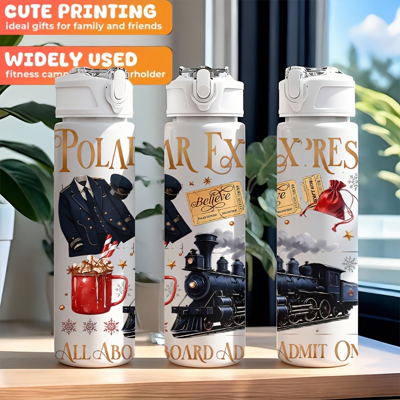 TEMU 1pc Train Vintage Christmas Themed Print, 750ml/26oz Plastic Sports Water Bottle, Tumbler, Cute Printed Design, Leak-proof With Pop-up Lid,
