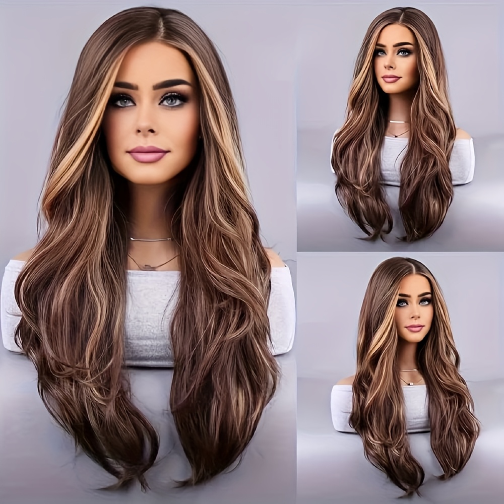 Brown Long Wigs Mixed With Brown Blonde Decoration Wigs For Women, Long Curly Wavy Synthetic Wigs For Daily Party Use