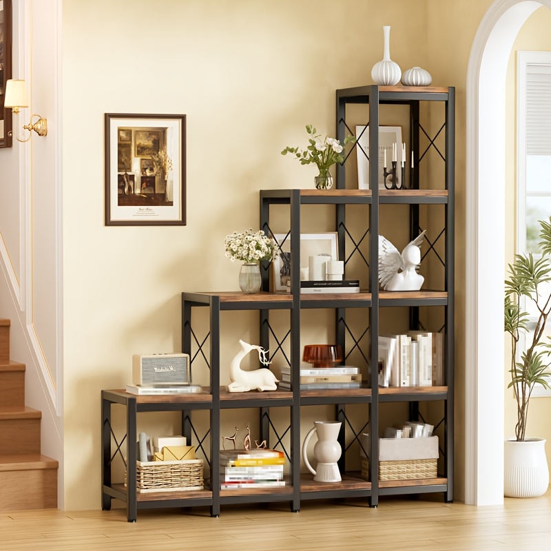 Bookshelf, L-shaped Bookcase With 14 Shelves, 5-tier 10 Cubes Stepped Bookcase, Corner Bookshelf For Office, Study Room, Living Room, Brown And Black, ()
