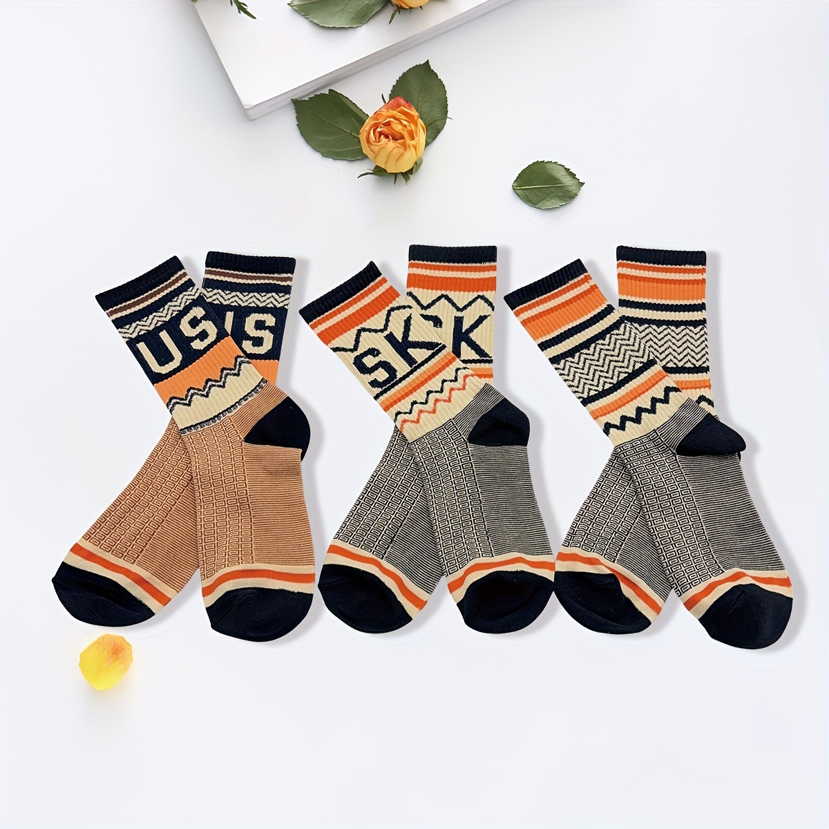 

6 Pairs Of Men's Trendy Ethnic Stripe Pattern Crew Socks, Breathable Comfy Casual Unisex Socks For Men's Outdoor Wearing