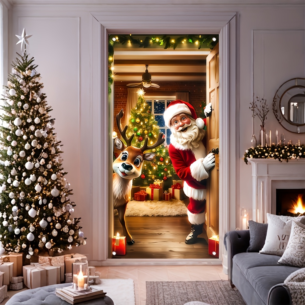 TEMU 2d Flat, 2d Santa Claus And Reindeer Themed Door Cover, High-stretch Spandex Material, Vibrant Colors - And Outdoor Holiday Decoration For A
