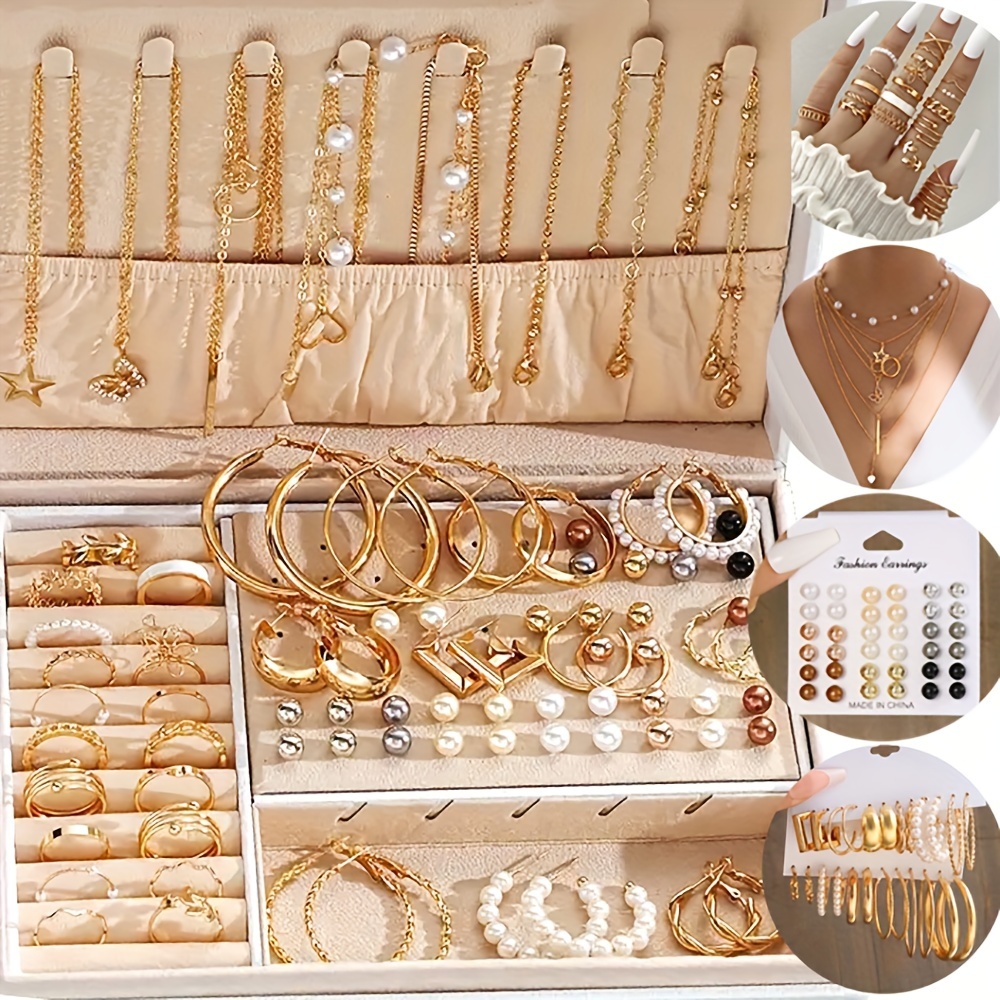 

5/21/24/36/86-piece Fashion Elegant Golden-tone Metal & Faux Pearl Earrings, Necklaces, Rings Jewelry Set For Ladies, Daily & Outing Wear, Vintage & Elegant Style, Assorted Designs (no Box Included)