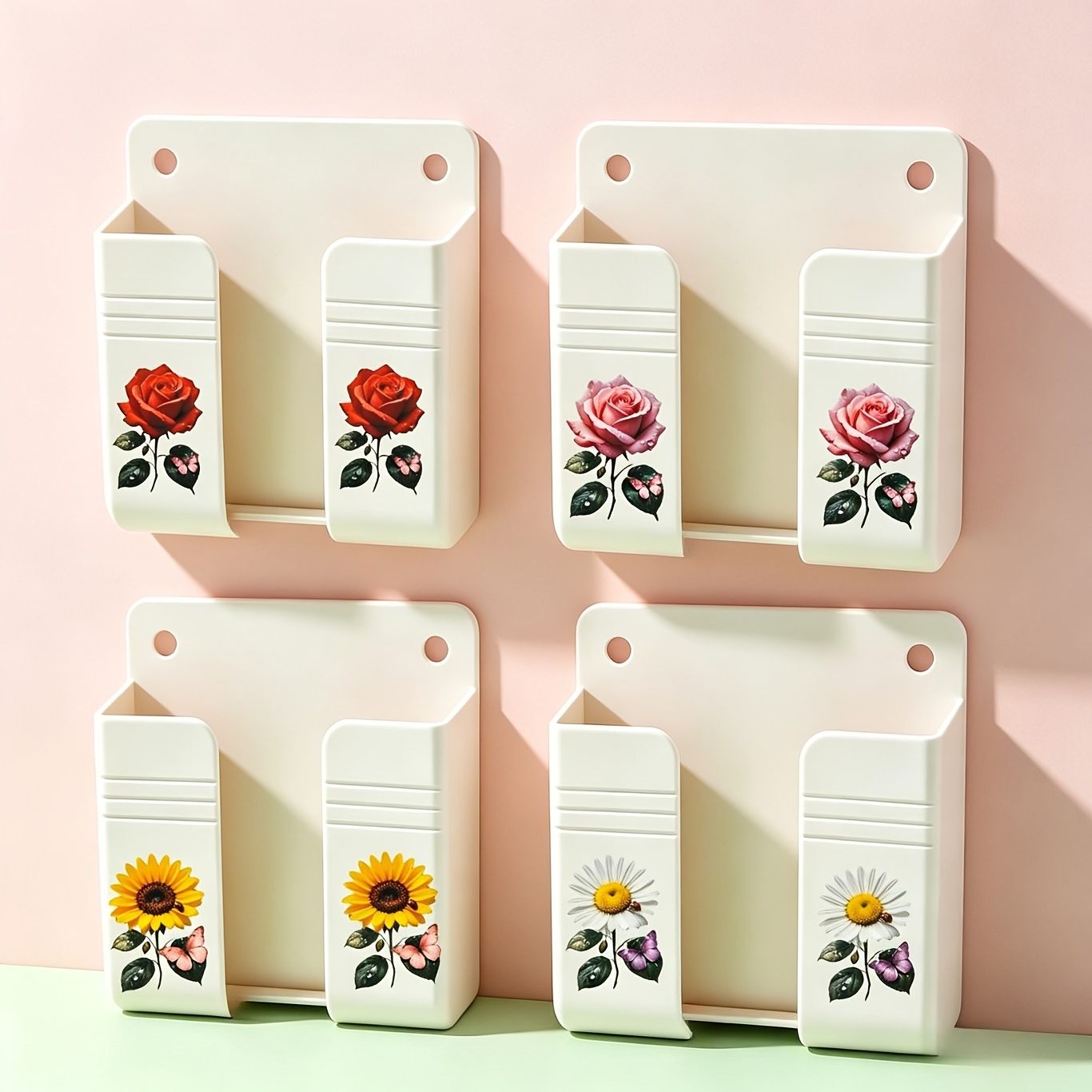 TEMU Floral Pattern White Multi-functional Wall-mounted For Mobile Phone Holder, No-punch Self-adhesive, Lazy Storage Box, Space-saving Bathroom