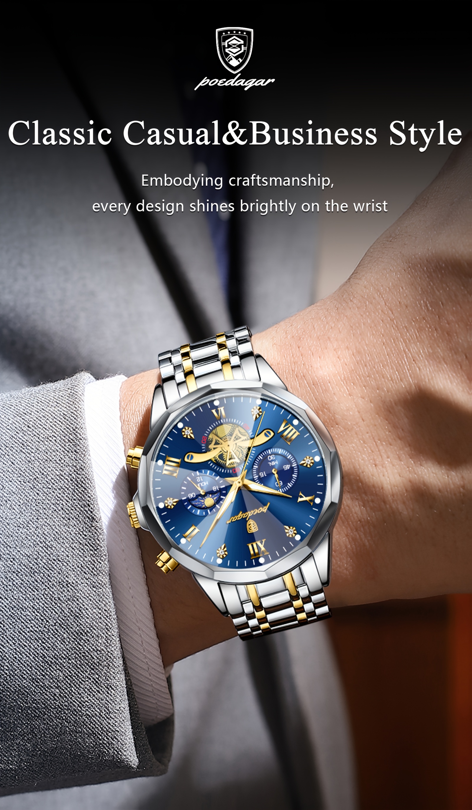 Luxe Stalen Band Herenhorloge Lichtgevend Waterdicht Chronograaf Dag En Nacht Display Heren Polshorloge