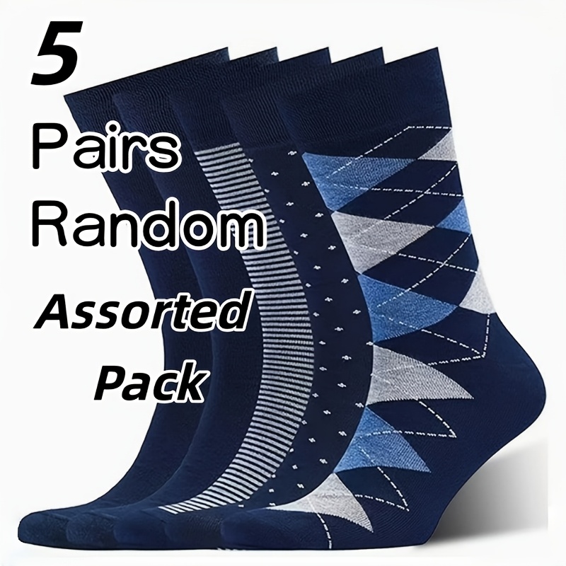 TEMU 5-pair Random Colors, Men's Business Mid-calf Socks, Rhombus Stripe Socks, Breathable Versatile Dress Socks, Business Casual Breathable Socks,