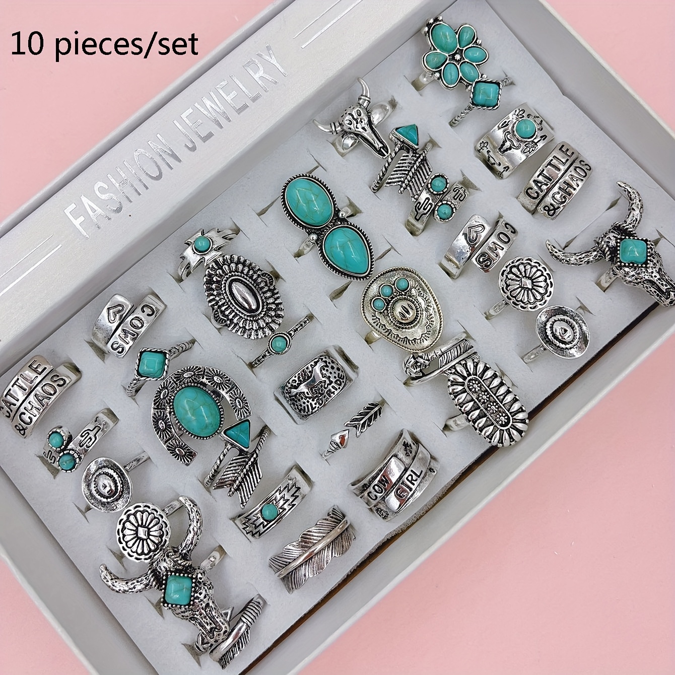 TEMU 10pcs Set Of Synthetic Turquoise Inlaid Alloy Women's Rings, Vintage Bohemian Flower Western Cowboy Rings, Party And Daily Wear Finger Accessories, Fashion Jewelry Gift (random Shipping)