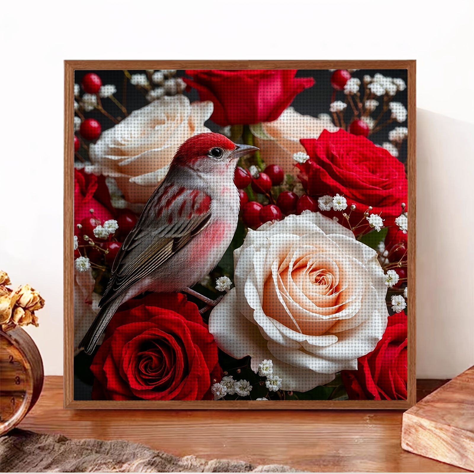 Cross-Stitch Embroidery Kit, "Bird on Flower Bouquet" Pattern for Beginners