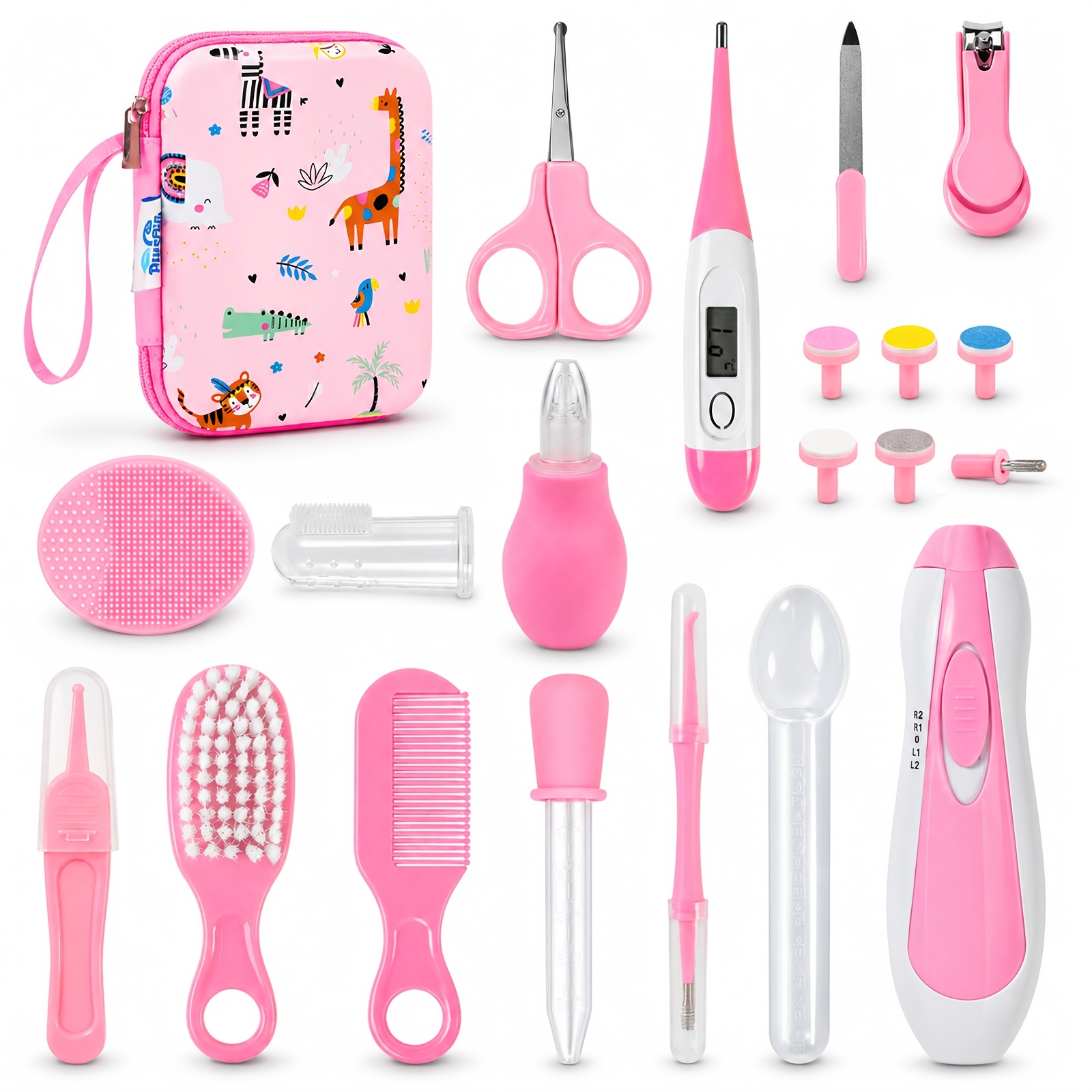 Pink baby grooming tools with a zippered storage case