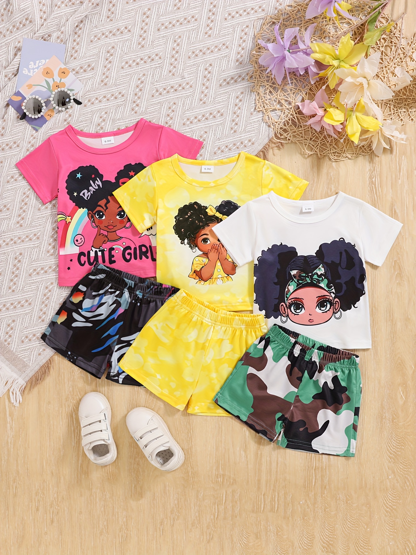 Cute Cartoon Girl Print Summer Outfit for Babies