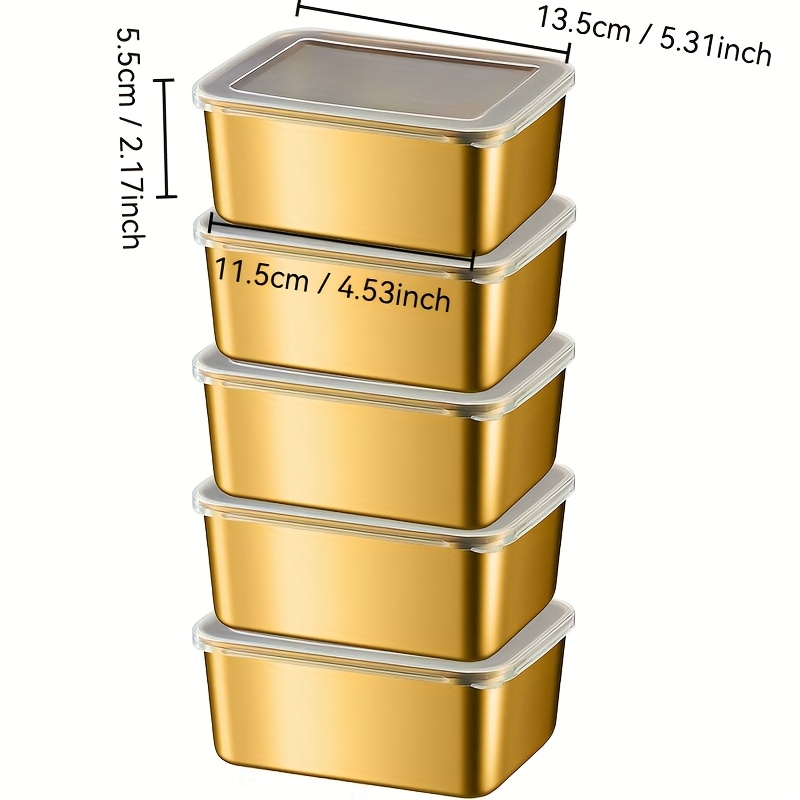 E-shop 5er-Pack Goldene Edelstahl Quadratische Crisper mit Deckel - Auslaufsicher, Stapelbar für Salate, Lunchboxen, Fleisch, - für Küche, Camping,