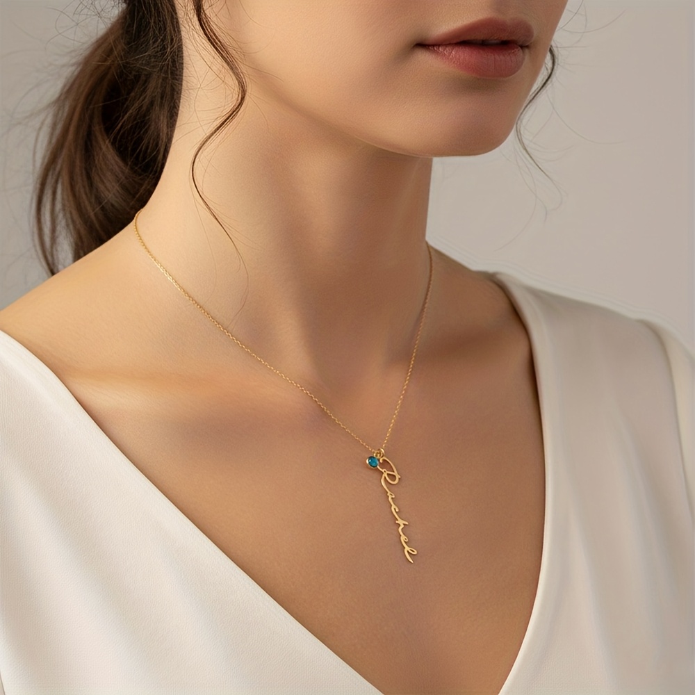 Women's Personalized Vertical Name Necklace with Birthstone Pendant