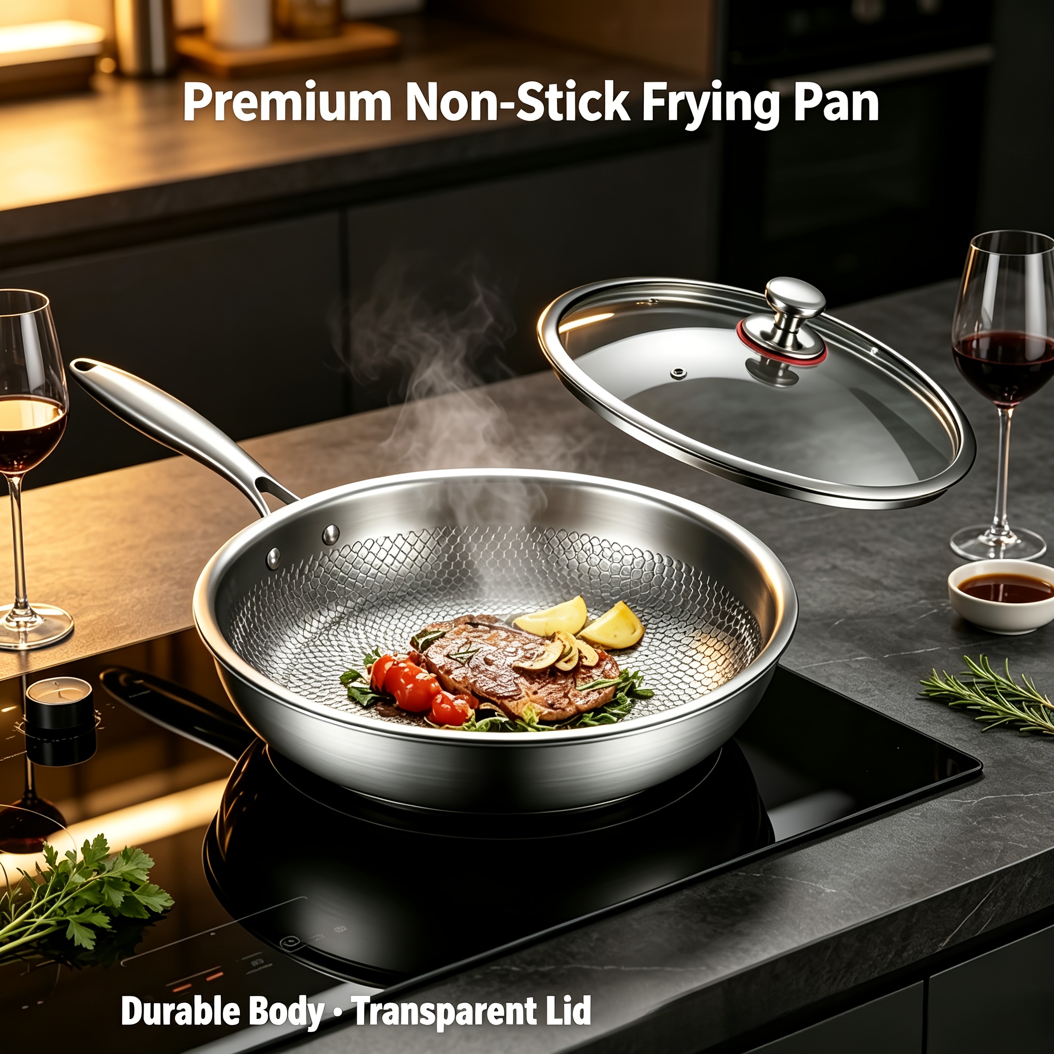 Premium Titanium Frying Pan With Lid, In Multiple Sizes, Upgraded Non-coated Titanium Professional Cookware, Durable, Scratch-resistant, Suitable For All Stoves