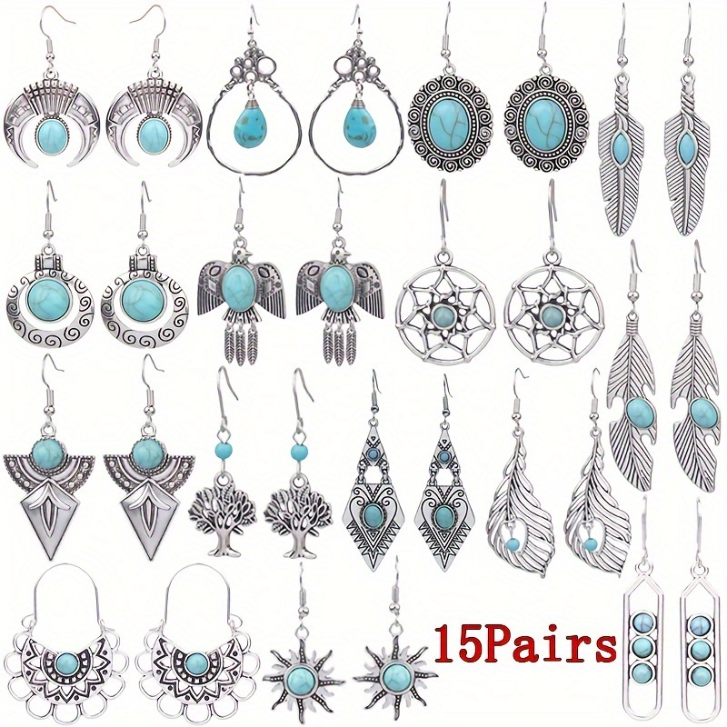 

15pairs Bohemian Earrings Vintage Geometric Shape Pattern Turquoise Inlaid Dangle Tassel Earrings Retro Female Gifts Anniversary & Birthday Gifts, Party And Evening Wear