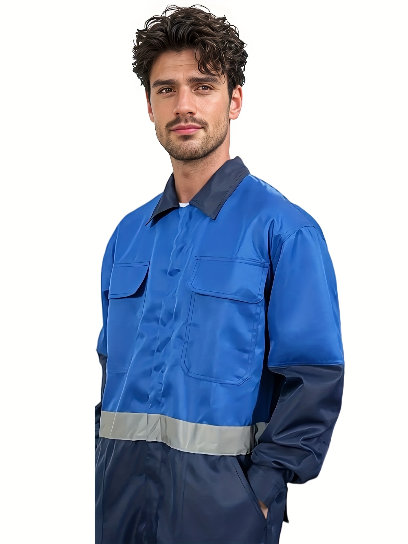 mens heavy duty work jumpsuit full zip front multiple utility pockets non stretch fabric   construction warehouse factory construction site professional workplace attire construction clothing functional design durable workwear warehouse uniform colorblock design reinforced stitching industrial workers machine washable jumpsuit workwear overalls elastic polyester work wear coverall cargo pants blue 3