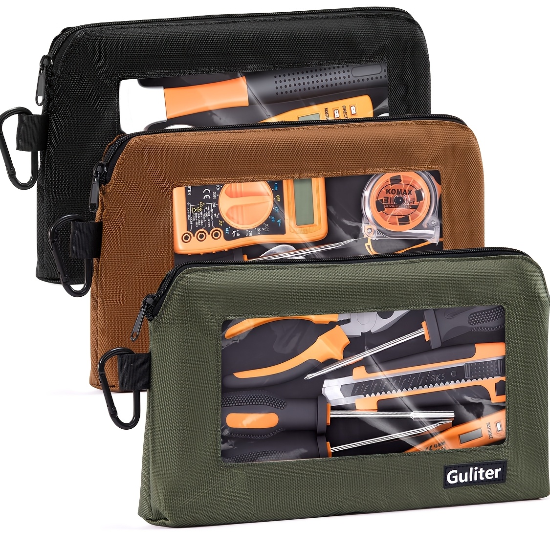 TEMU Pochettes à outils multifonctionnelles, lot de 3, sac à outils zippé en tissu Oxford 1680D, fenêtre transparente en PVC avec clip mousqueton, 12