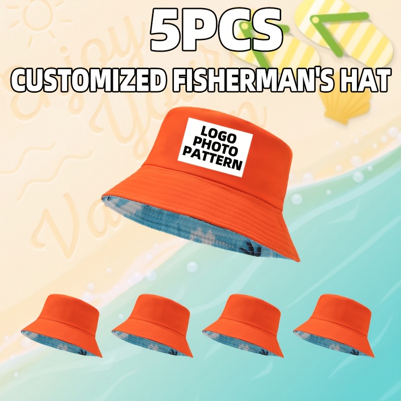 TEMU 5pcs Custom Photo/logo Personalized Bucket Hats - Dual-sided Unisex Design, Machine Washable Non-stretch Fabric For Family, Team, Easter,