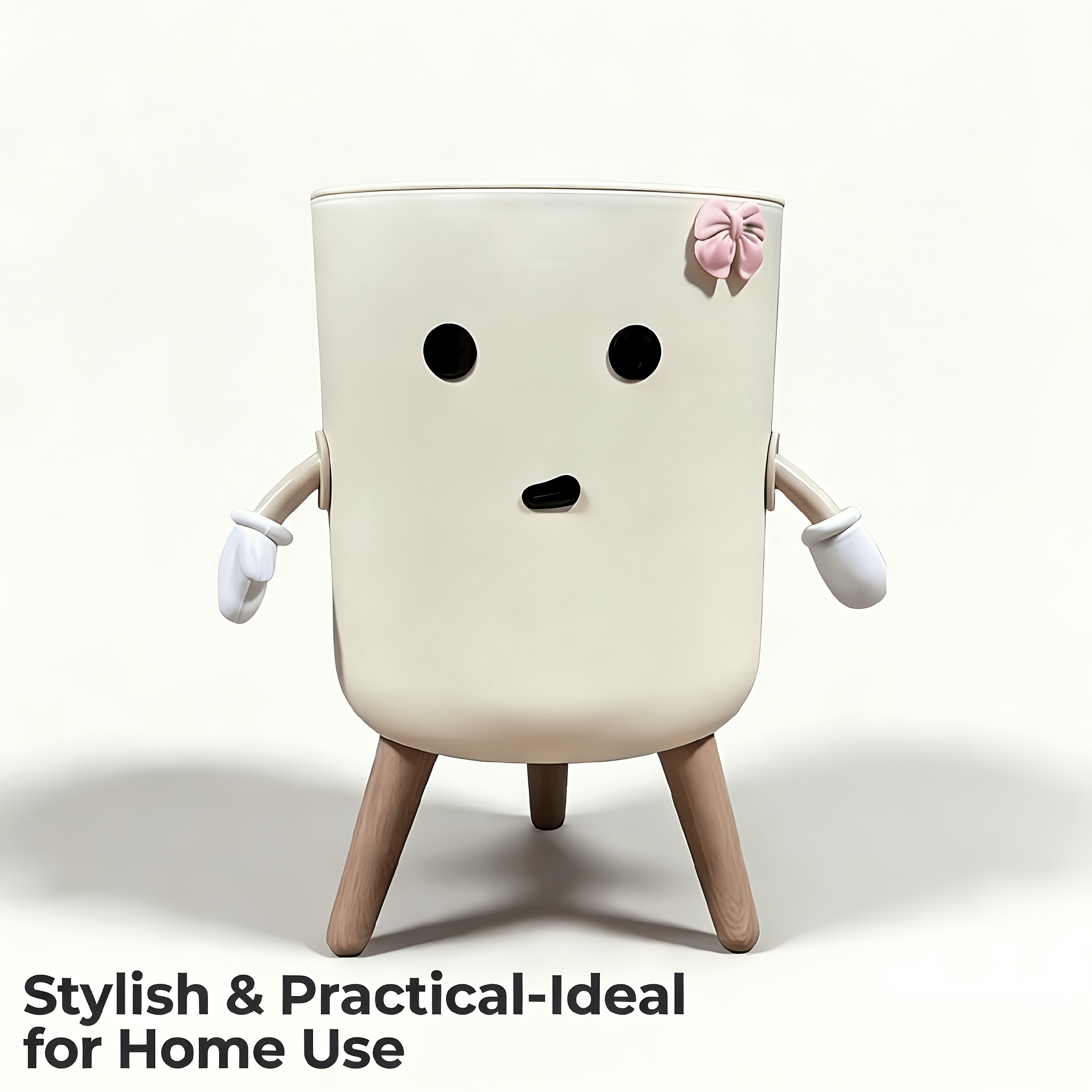 TEMU Large Capacity Cute Cartoon Bear Trash Can - Cream Color, Press Type, Silent Closing, No Power Required For Kitchen, Bedroom And Bathroom