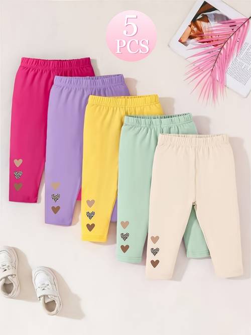 5pcs summer cute printed heart pattern leggings for girls comfortable and breathable ideal gift knitted pants outdoor