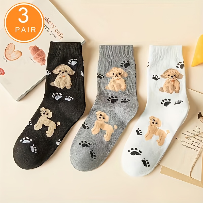 TEMU 3-pair Women's Cute Socks - Mid-calf Length With Pug & Puppy Patterns, Machine Washable Suitable For, Office, Casual Attire - Comfortable Casual