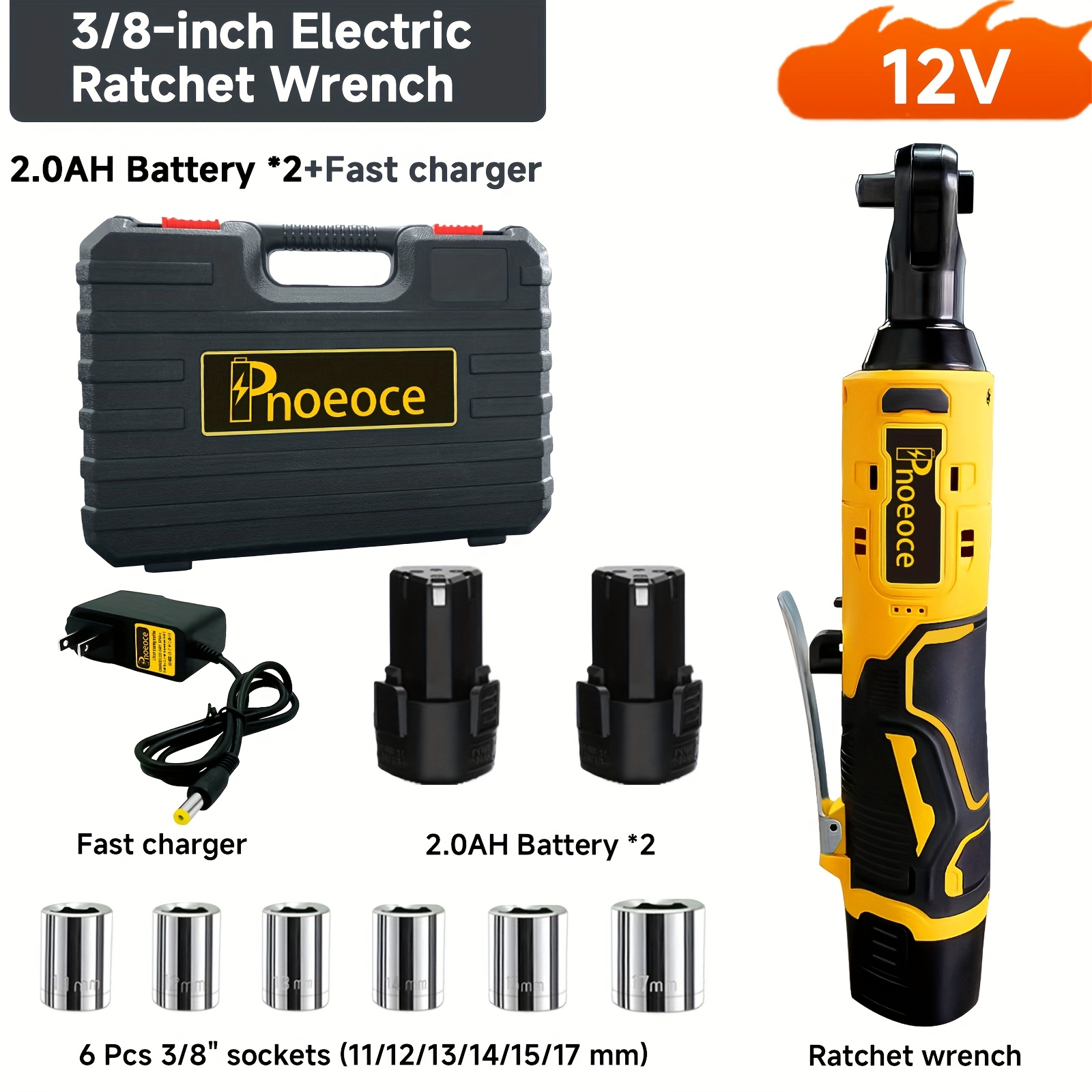 TEMU 12v Cordless Electric Ratchet Wrench 3/8" Drive Set, High Torque Power Tool With 2.0ah Lithium-ion Battery, 6 Sockets, Screwdriver Function And