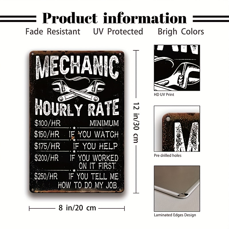 Mechanic Gifts Garage Signs for Men, Mechanic Hourly Rate Reproduction  Metal Tin Sign Garage Accessories for Men Funny Garage Signs Car Decor,  12x8