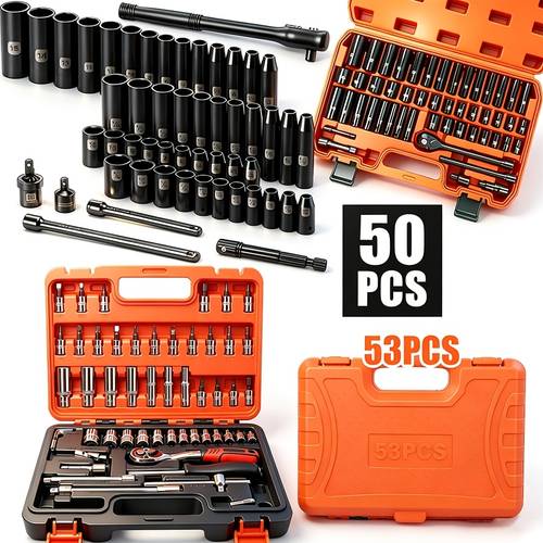 53 50pcs cr v impact socket set 3 8 sae 5 16 to 3 4 metric 8 to 22mm sizes ratchet handle extension bar joint