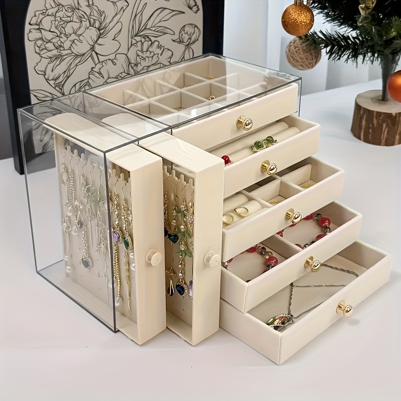 2 tier 5 layer large capacity transparent desktop jewelry organizer bracelet and necklace storage box with multiple compartments ring holder earring rack soft padded necklace and bracelet protector suitable for vanity or desk jewelry box jewelry boxes Product details 9