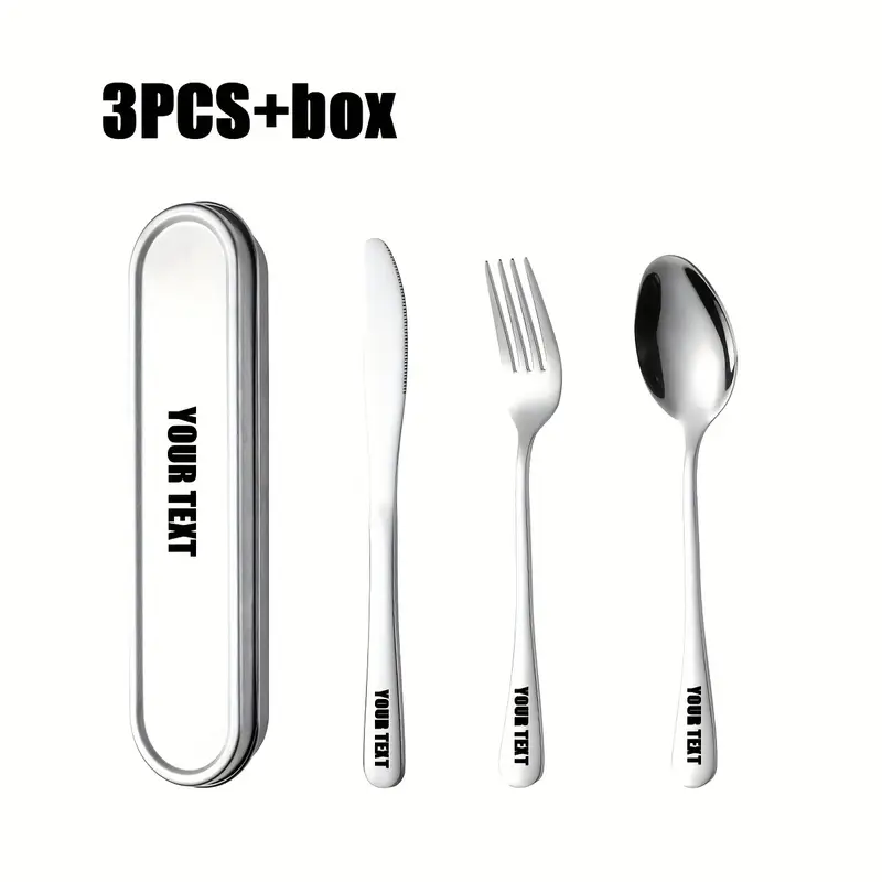 customize your text with a 3 4pcs 304 silvery stainless steel knives forks spoons and portable cutlery boxes the silverware set is easy to store not damaged and suitable for going out picnicking camping outdoor activities and Product details 0