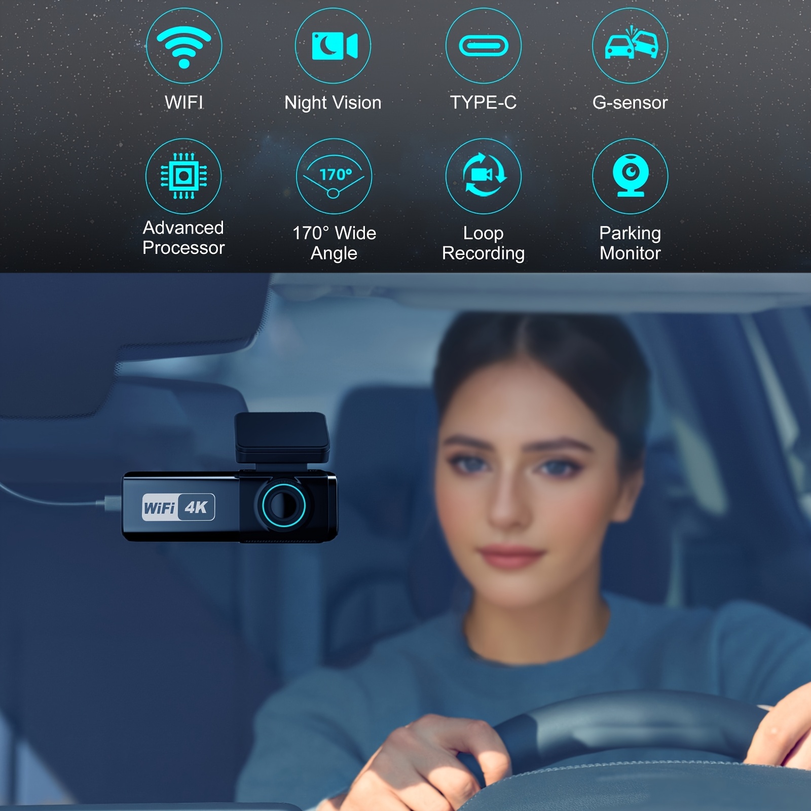 4K Vehicle Camera with 170° Ultra Wide-Angle Front Lens Featuring WDR Technology | G Sensor Impact Lock | Continuous Loop Recording | Night Vision, Wifi-Enabled Control for Any Vehicle