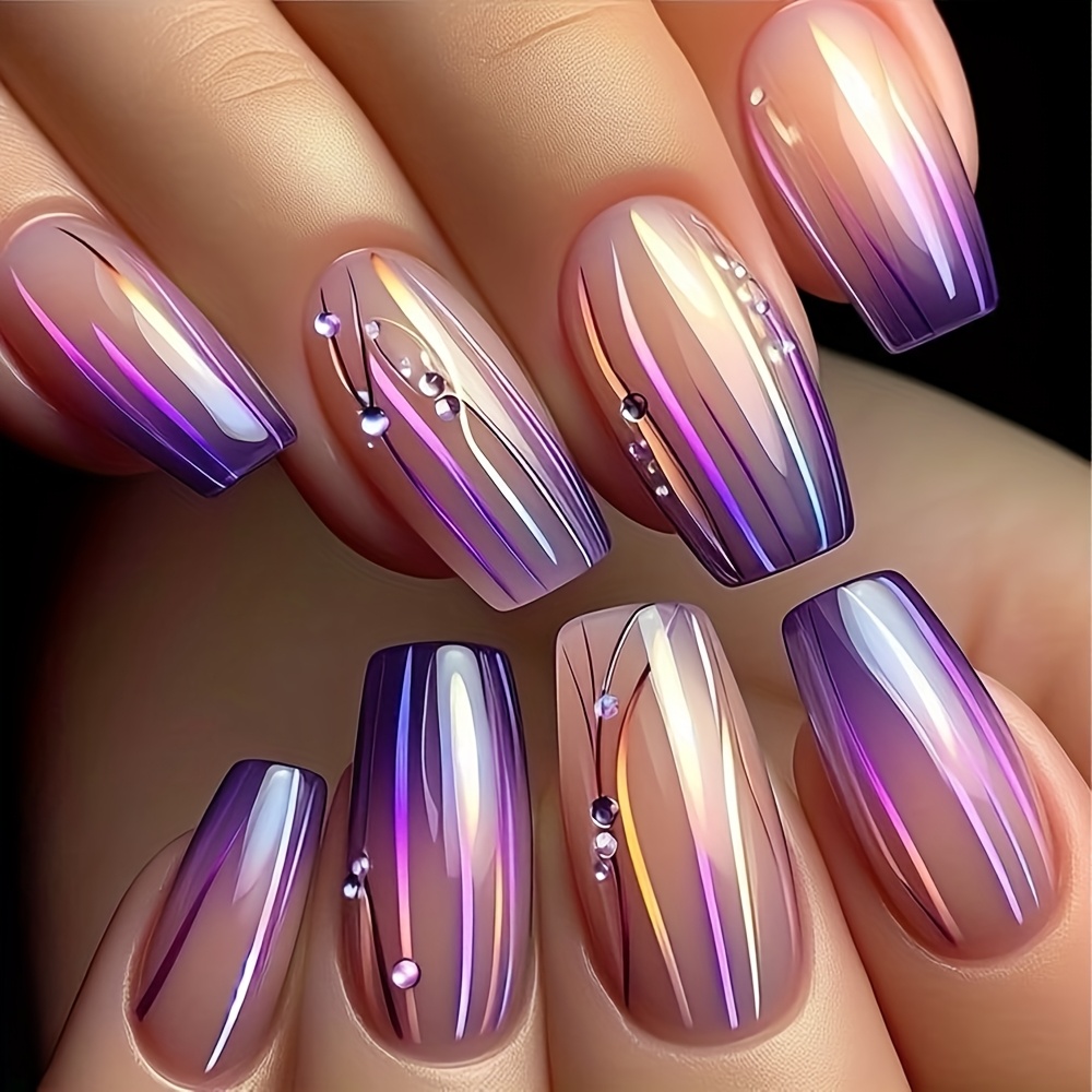 TEMU 24pcs Glossy Short Coffin Press On Nails - Purple To Pink Gradient French Style Fake Nails With Rhinestones, Reusable False Nails For Women & S,