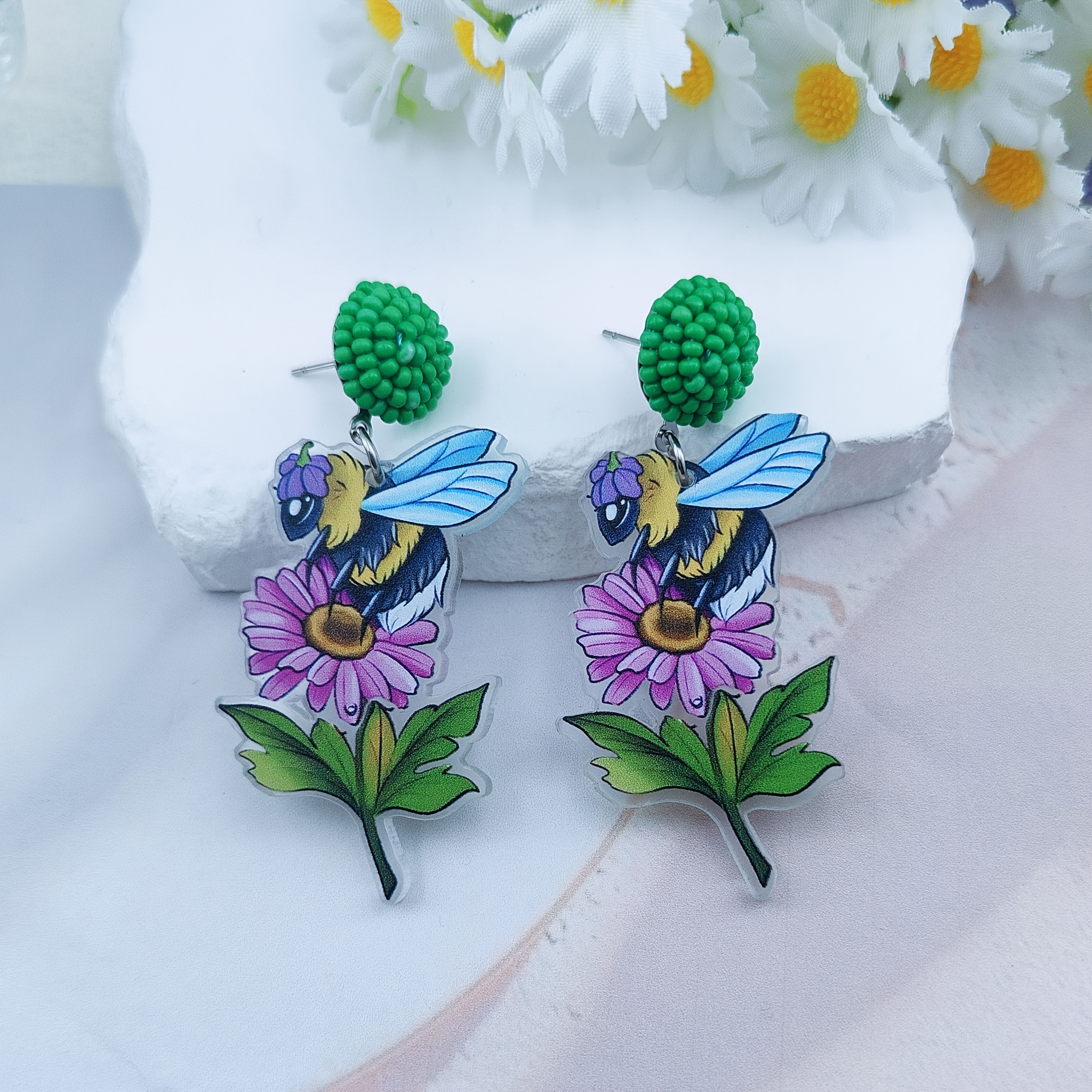 Handmade Natural Bee & Flower Dangle Earrings