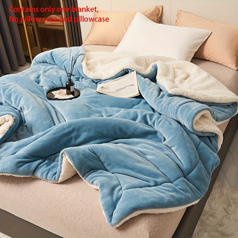 

1pc Light Blue Double Layer Blanket Milk Fleece Lamb Wool Crimping Blanket Casual Blanket Throw Blanket Lunch Break Blanket