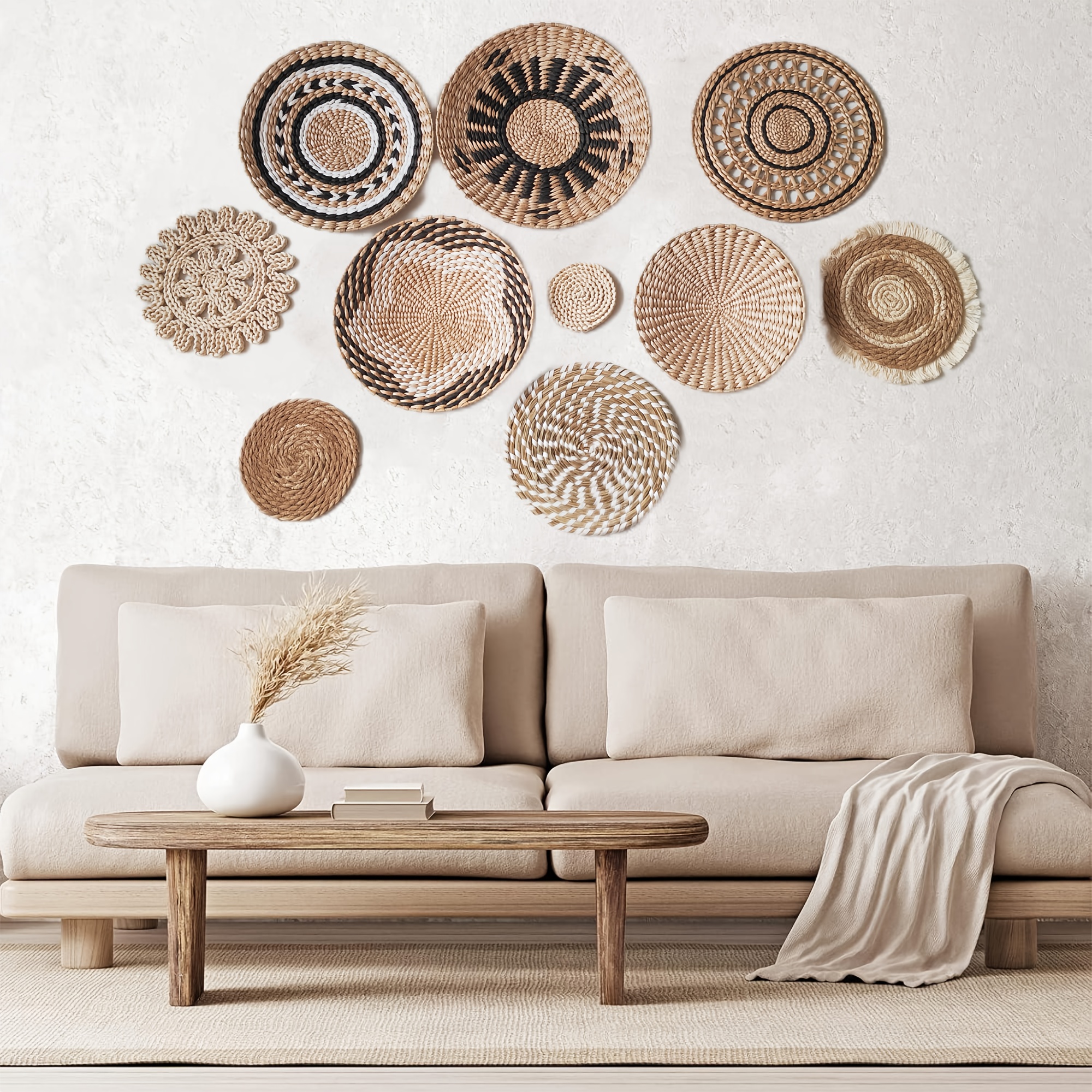10pcs Boho Rattan Woven Wall Basket Decor Set