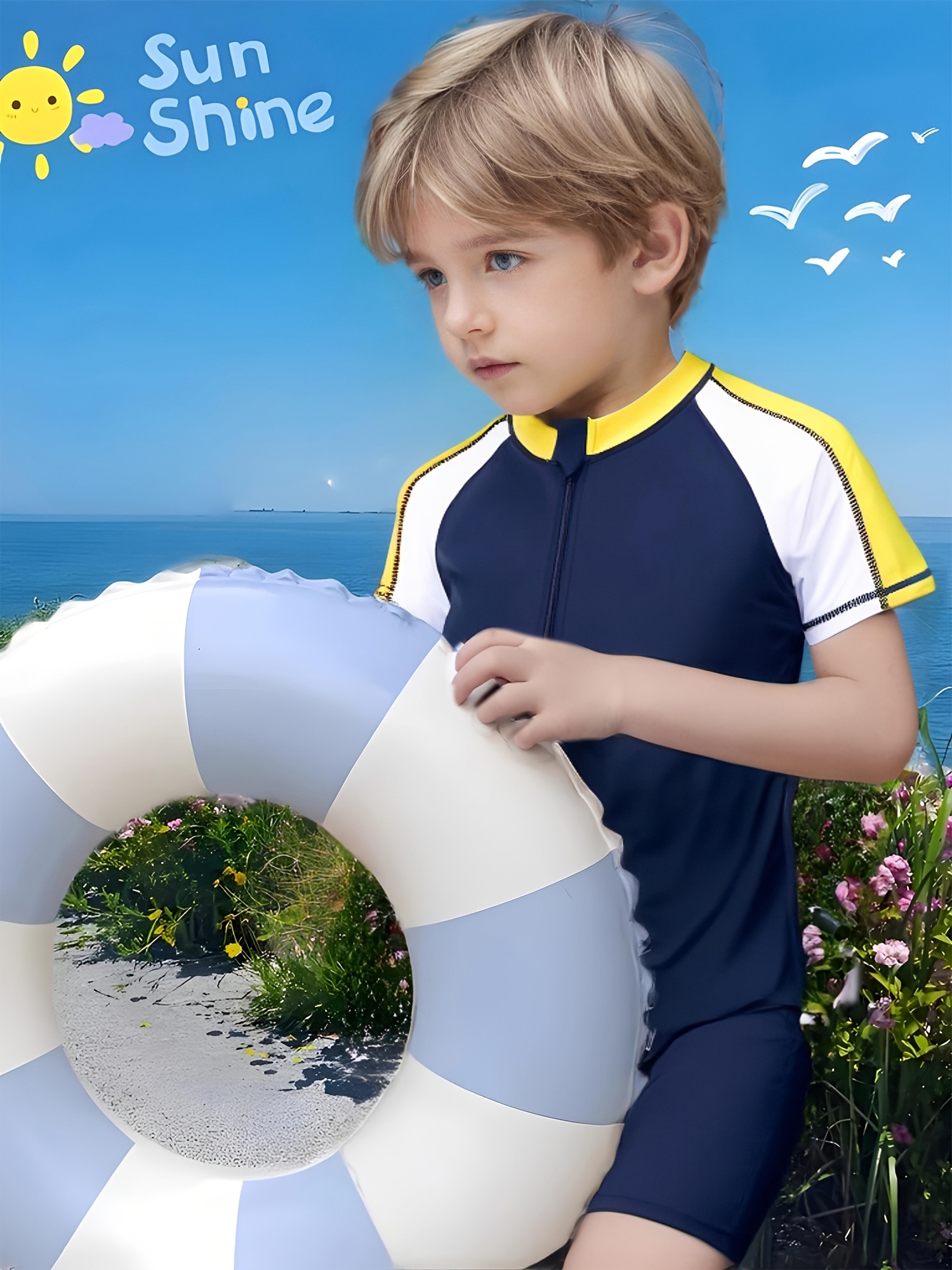 Maillot De Bain Une Pièce Garçon Manches Longues Anti-UV Requin 3D + Bonnet - Combinaison Natation Piscine Plage 2-7 Ans Fermeture Zip